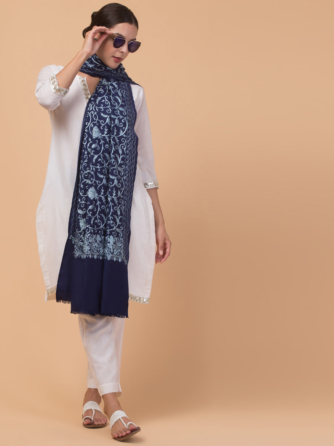 tweedle Kashmiri Aari Embroidery Shawl for Women - Navy Blue (40 x 80 inches)