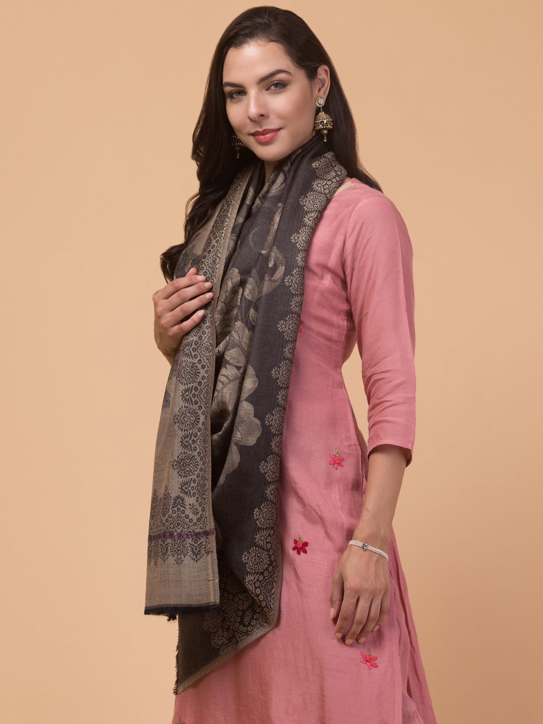 Soft and Smooth Feel, Rose Design, Reversible Shawl - Black