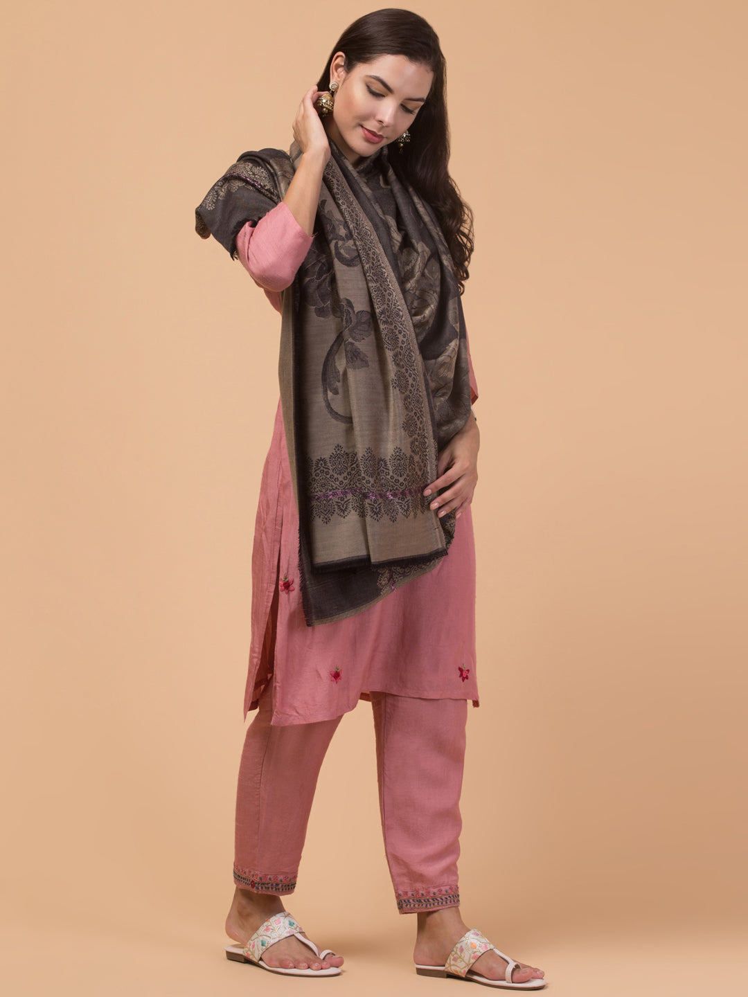 Soft and Smooth Feel, Rose Design, Reversible Shawl - Black