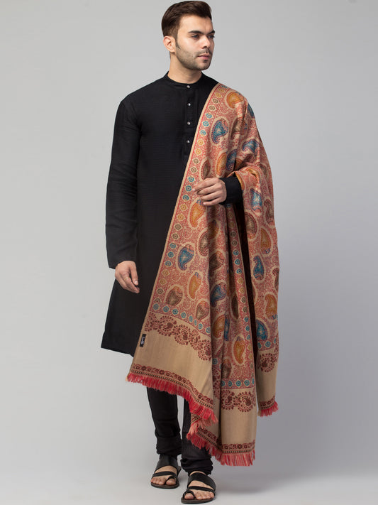 Tweedle Men’s Jamawar Paisley Design Woolen Shawl / Stole for Winters - Beige (40 x 80 inches)