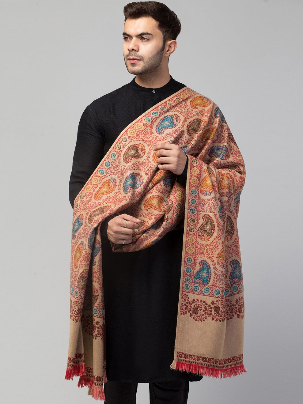 Tweedle Men’s Jamawar Paisley Design Woolen Shawl / Stole for Winters - Beige (40 x 80 inches)