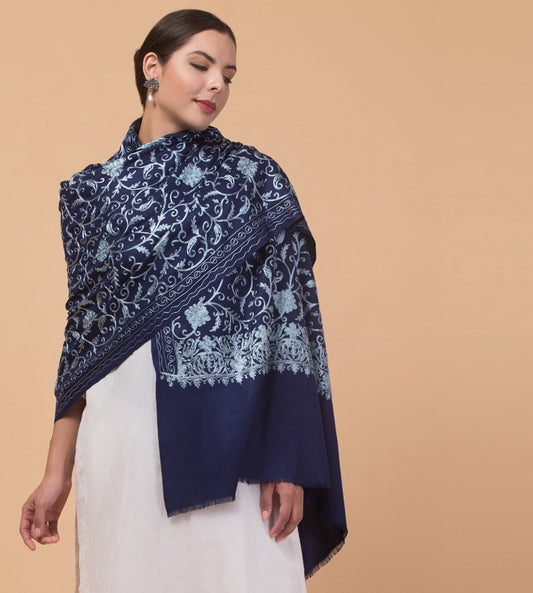 tweedle Kashmiri Aari Embroidery Shawl for Women - Navy Blue (40 x 80 inches)