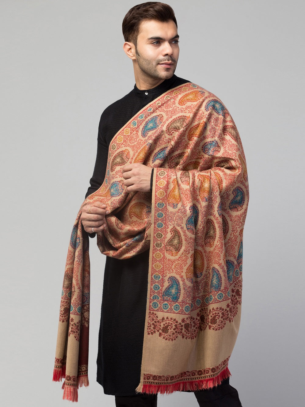 Tweedle Men’s Jamawar Paisley Design Woolen Shawl / Stole for Winters - Beige (40 x 80 inches)