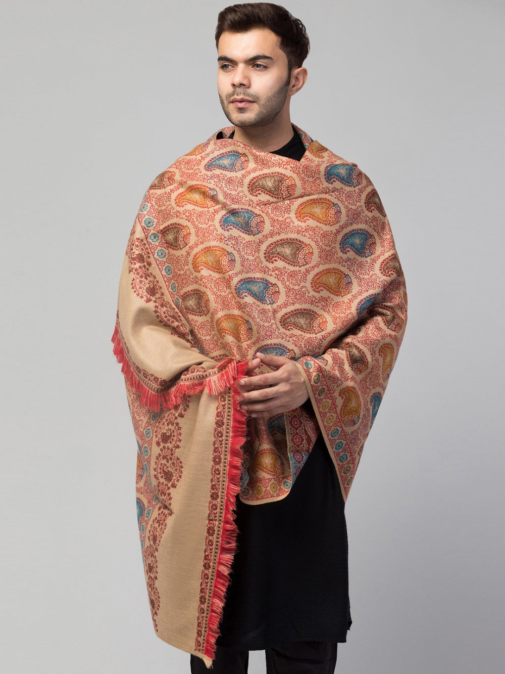 Tweedle Men’s Jamawar Paisley Design Woolen Shawl / Stole for Winters - Beige (40 x 80 inches)
