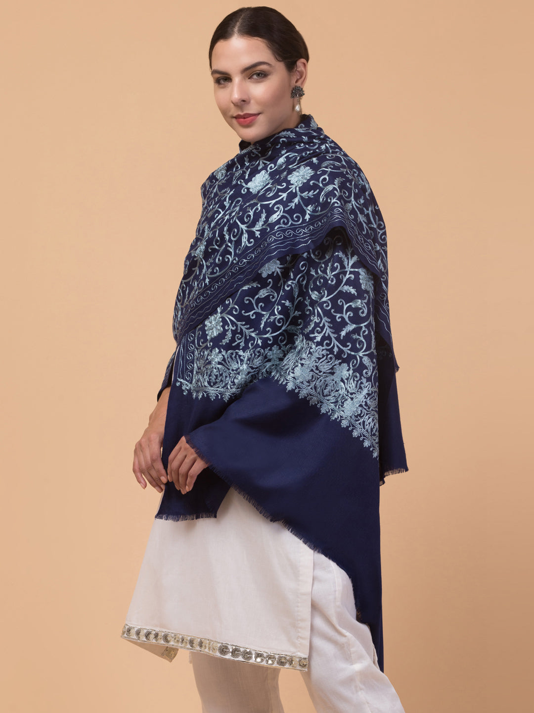 tweedle Kashmiri Aari Embroidery Shawl for Women - Navy Blue (40 x 80 inches)