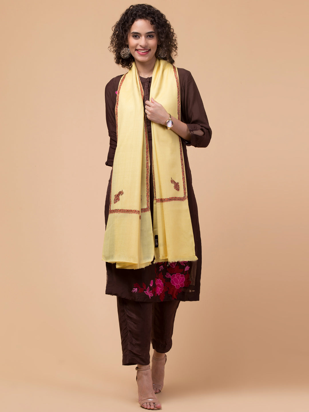 Fine Wool Plain Traditional Kingri Stole with Hand Embroidery Border - Lemon Yellow