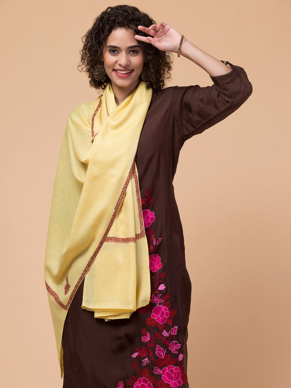 Fine Wool Plain Traditional Kingri Stole with Hand Embroidery Border - Lemon Yellow