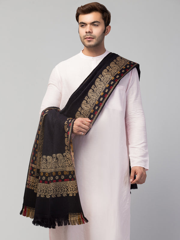 Jamawar Weave Plain Self Design with Border Shawl - Black