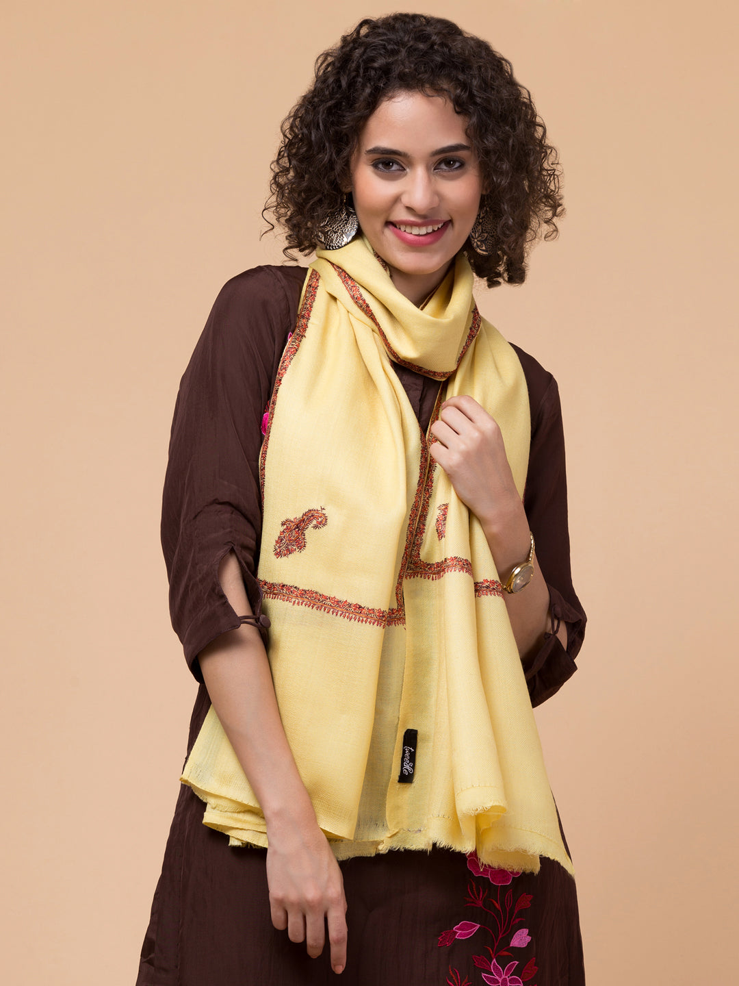 Fine Wool Plain Traditional Kingri Stole with Hand Embroidery Border - Lemon Yellow