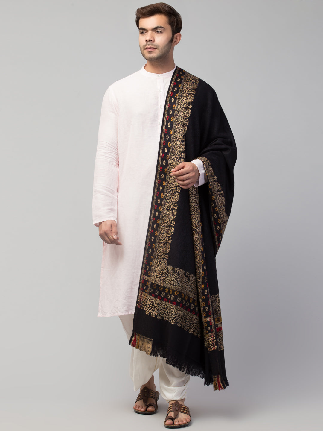 Jamawar Weave Plain Self Design with Border Shawl - Black