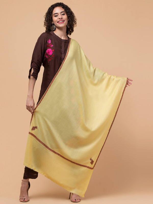 Fine Wool Plain Traditional Kingri Stole with Hand Embroidery Border - Lemon Yellow