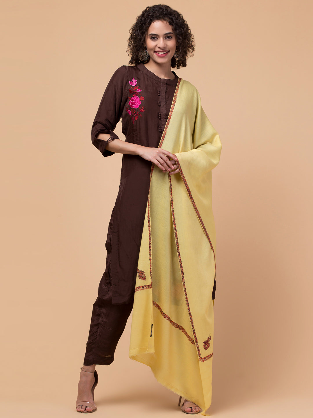 Fine Wool Plain Traditional Kingri Stole with Hand Embroidery Border - Lemon Yellow