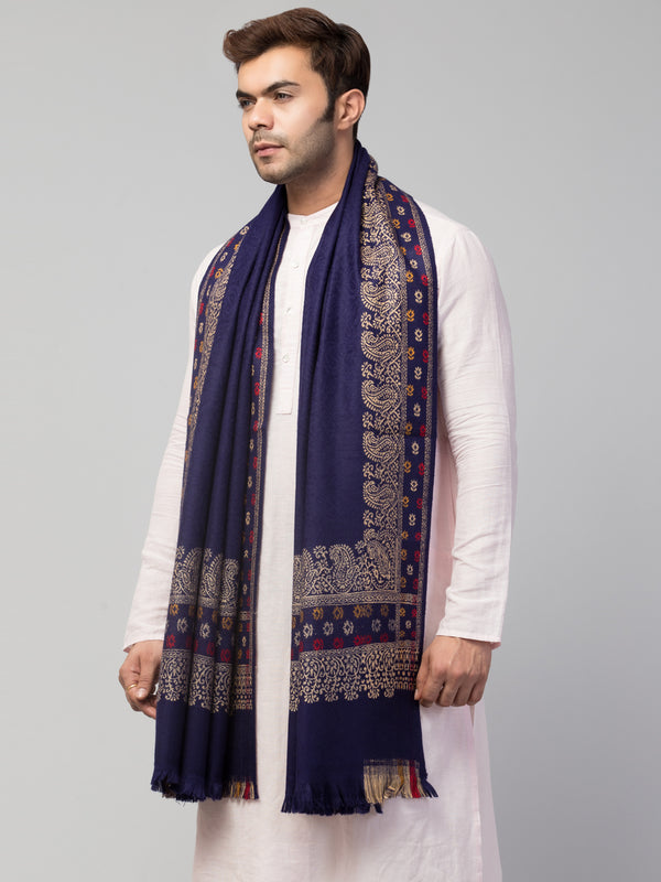 Jamawar Weave Plain Self Design with Border Shawl - Blue