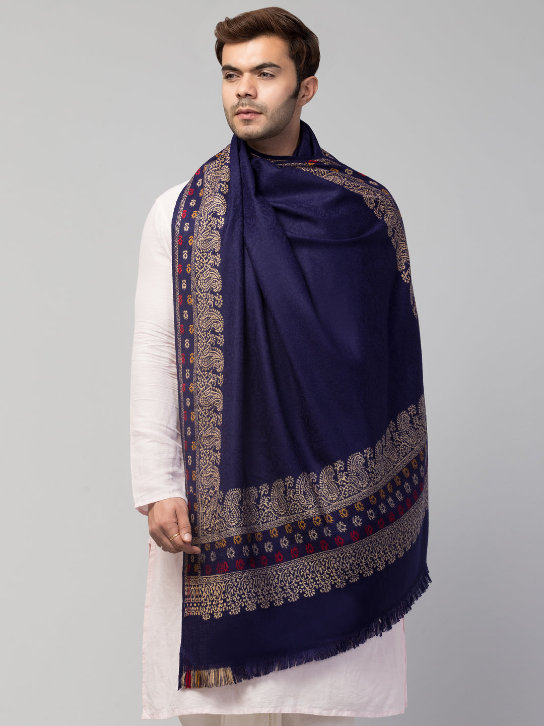 Jamawar Weave Plain Self Design with Border Shawl - Blue