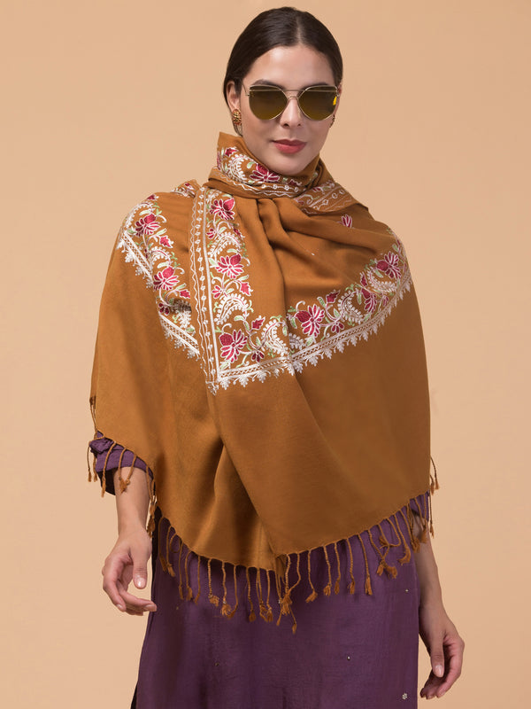 Acro Wool Stole / Wrap with Aari Embroidery Border - Mustard