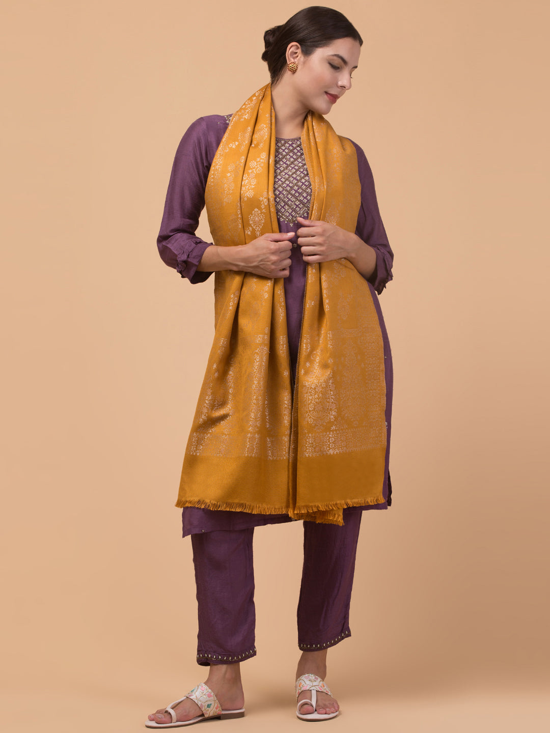 Zari Weave Floral Design Acrylic Stole - Yellow