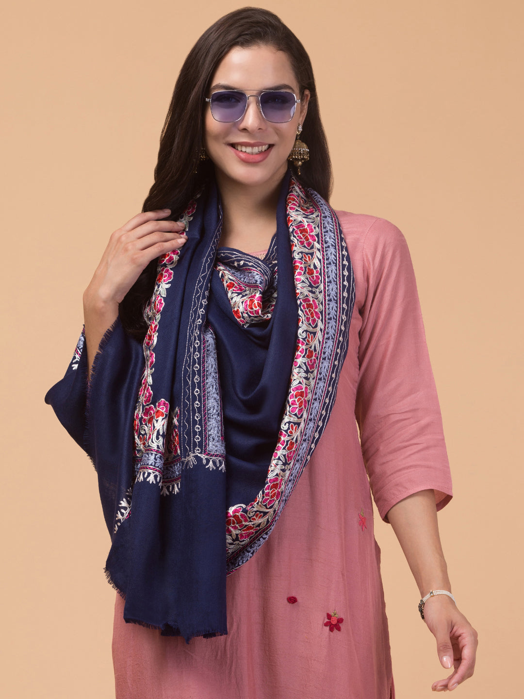 Tweedle Women’s Gulbahaar Aari Embroidery Stole/ Scarf - Navy Blue (Size-28x80)