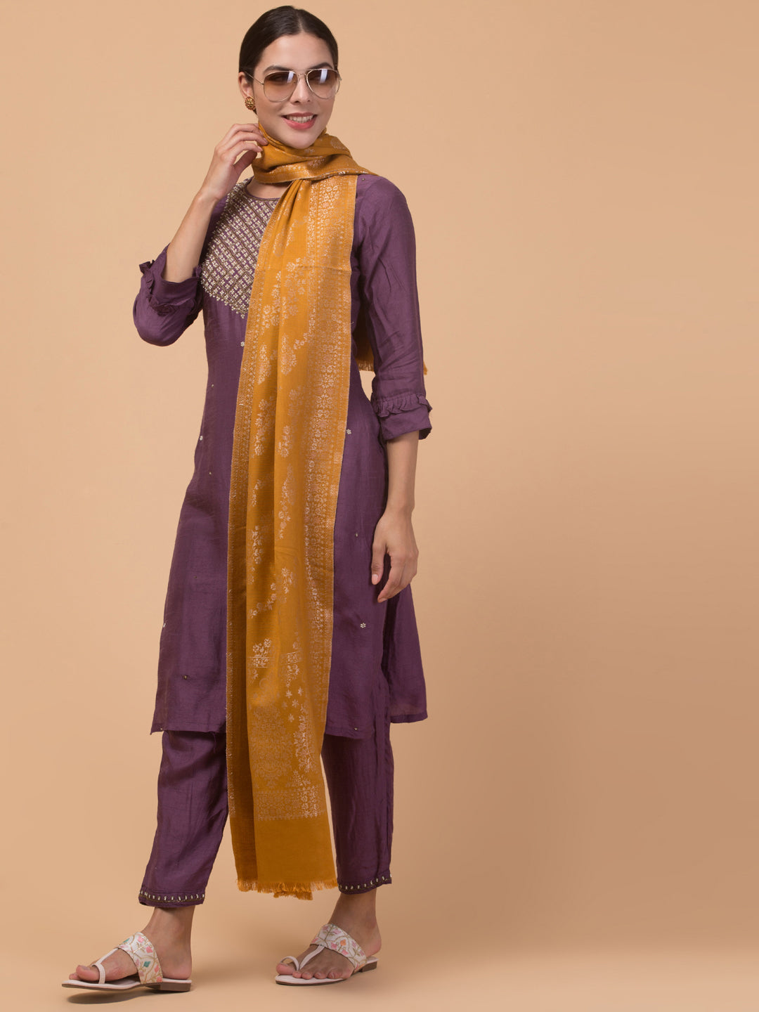 Zari Weave Floral Design Acrylic Stole - Yellow