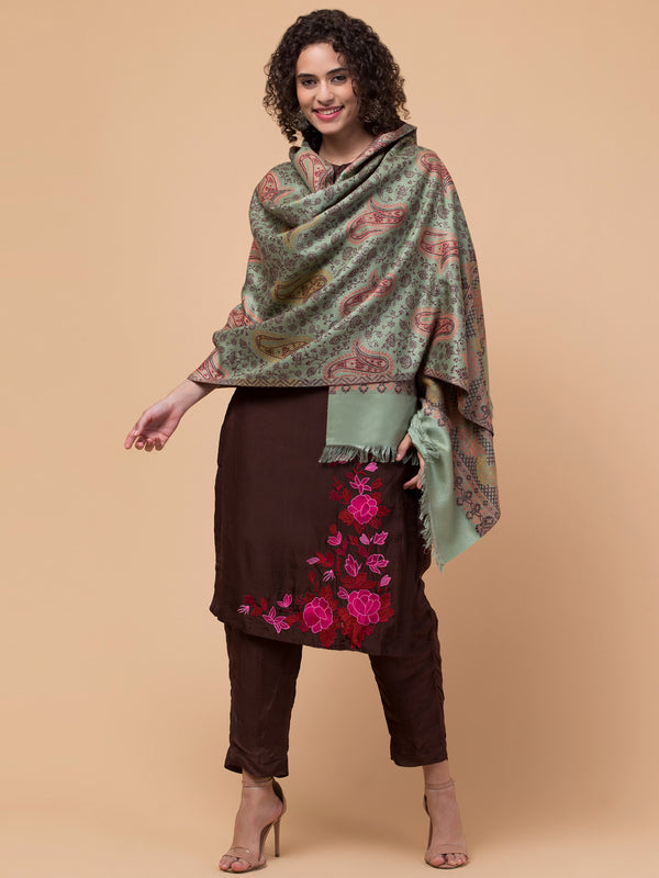 Ethnic Paisley Design Stole with Fringed Edges  - Light Green