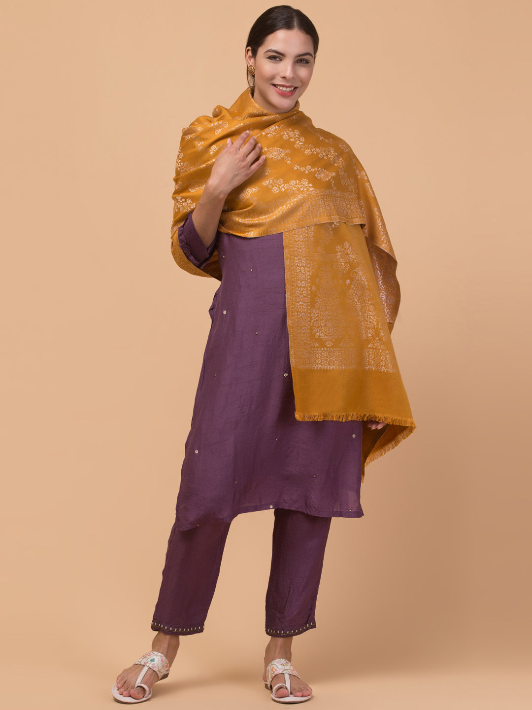 Zari Weave Floral Design Acrylic Stole - Yellow