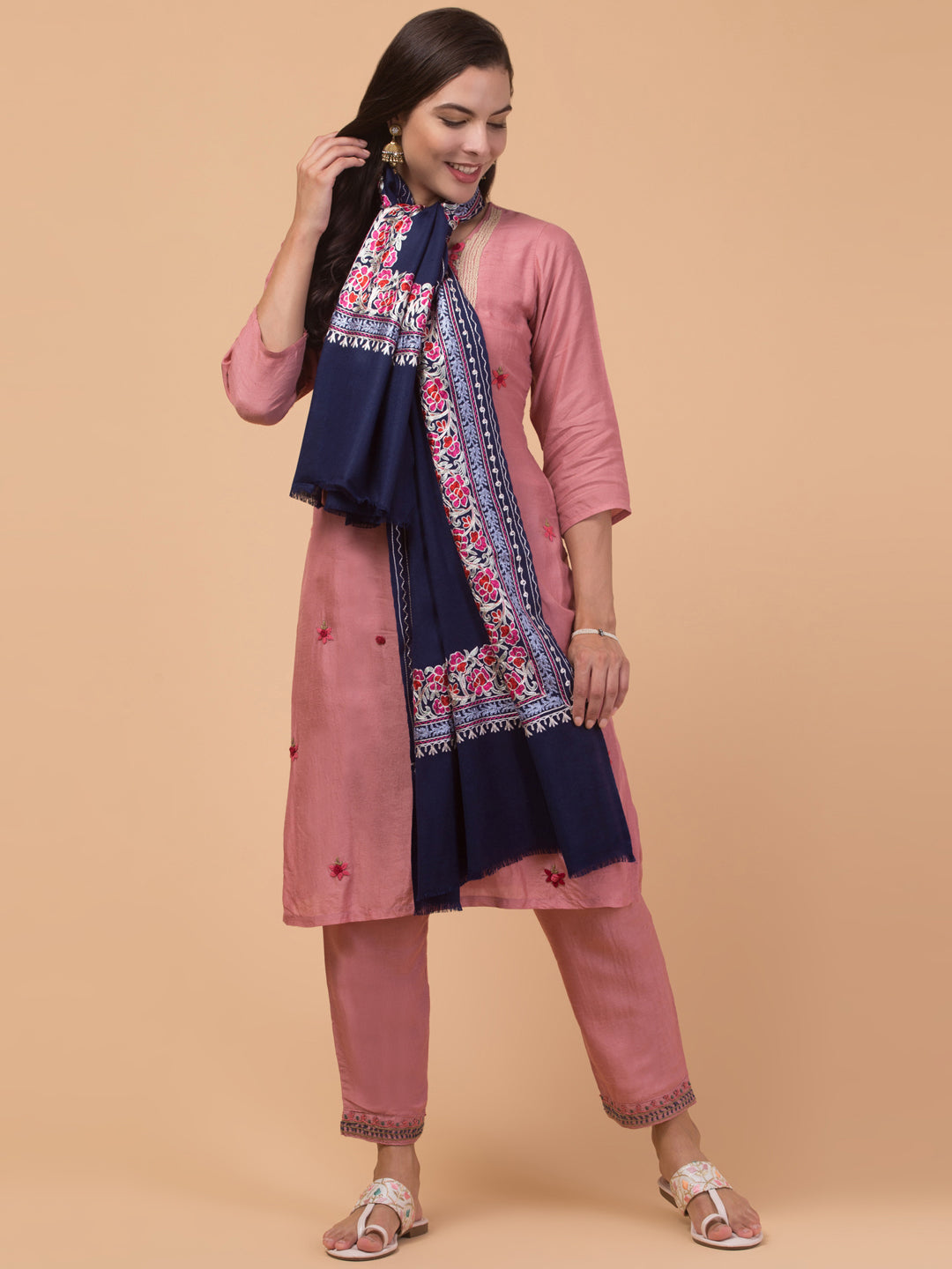 Tweedle Women’s Gulbahaar Aari Embroidery Stole/ Scarf - Navy Blue (Size-28x80)