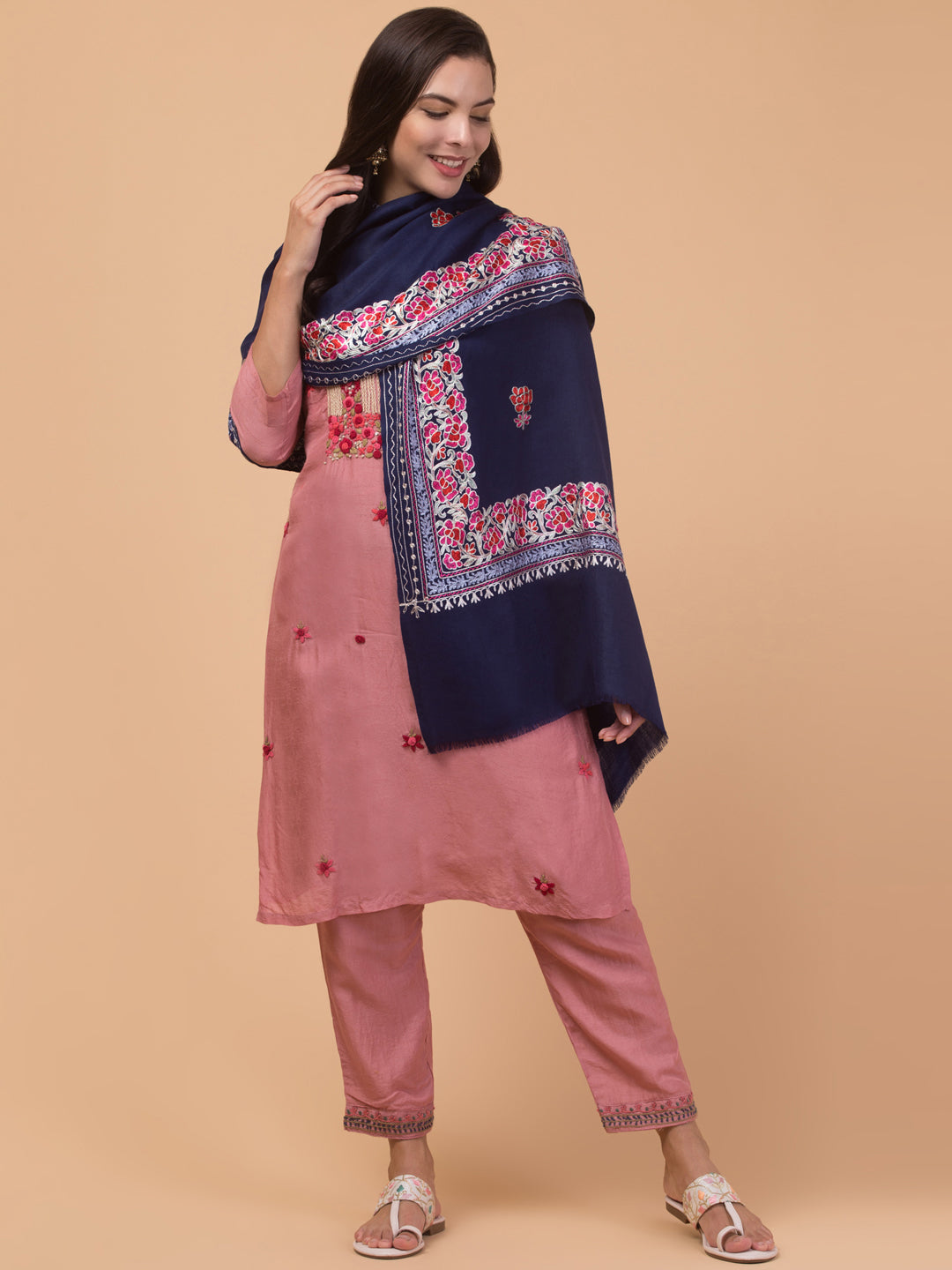 Tweedle Women’s Gulbahaar Aari Embroidery Stole/ Scarf - Navy Blue (Size-28x80)