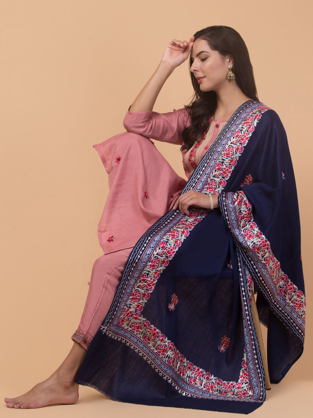 Tweedle Women’s Gulbahaar Aari Embroidery Stole/ Scarf - Navy Blue (Size-28x80)