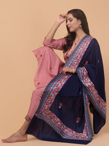 Tweedle Women’s Gulbahaar Aari Embroidery Stole/ Scarf - Navy Blue (Size-28x80)