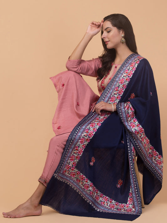 Tweedle Women’s Gulbahaar Aari Embroidery Stole/ Scarf - Navy Blue (Size-28x80)