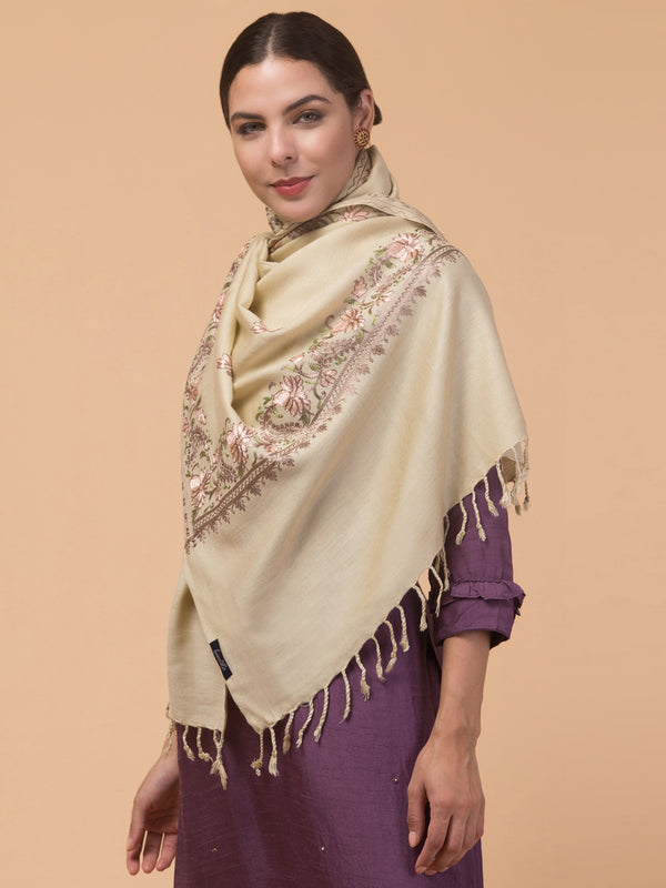 Acro Wool Stole / Wrap with Aari Embroidery Border - Off White