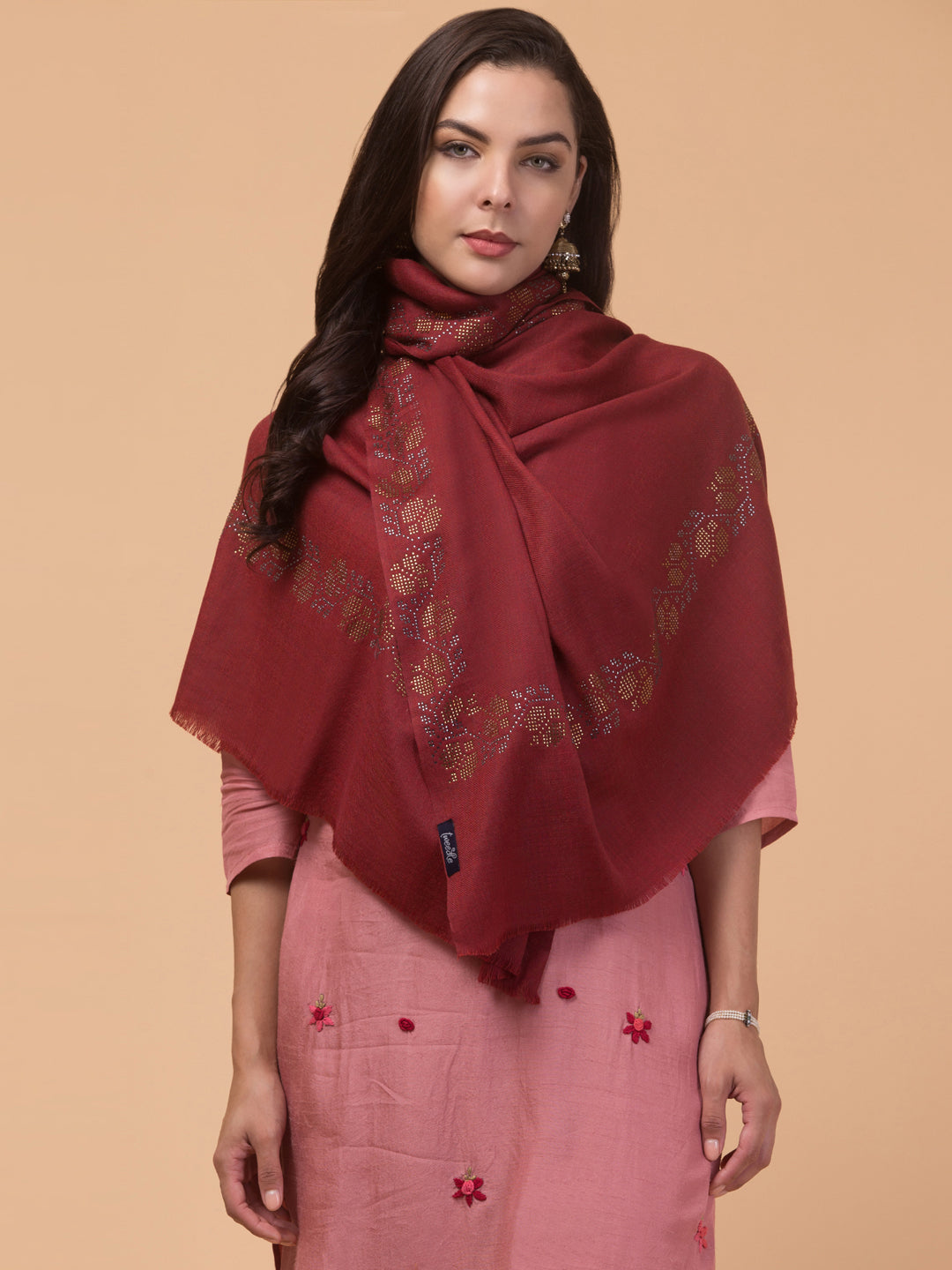 Fine Wool Crystal/Stone Work Stole for Winters - Maroon