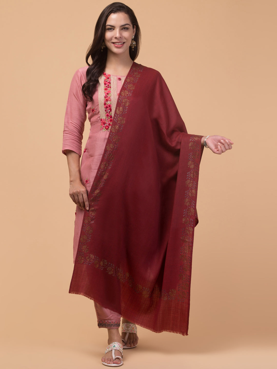 Fine Wool Crystal/Stone Work Stole for Winters - Maroon