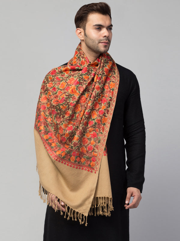 tweedle Mens Beige Warm Cashmilon Wool Kashmiri Aari Embroidery Shawl/Stole (Size 28 x 80 inches)