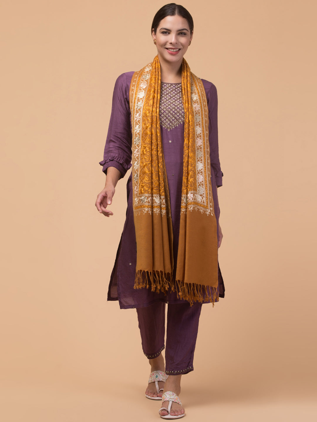 Acro Wool, Soft Feel Kashmiri Embroidery Stole for Winters - Mustard