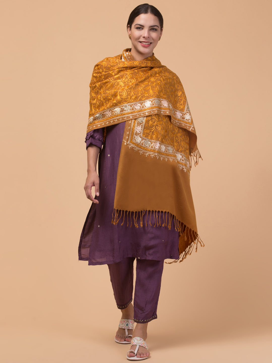Acro Wool, Soft Feel Kashmiri Embroidery Stole for Winters - Mustard