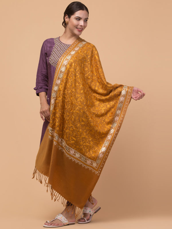 Acro Wool, Soft Feel Kashmiri Embroidery Stole for Winters - Mustard