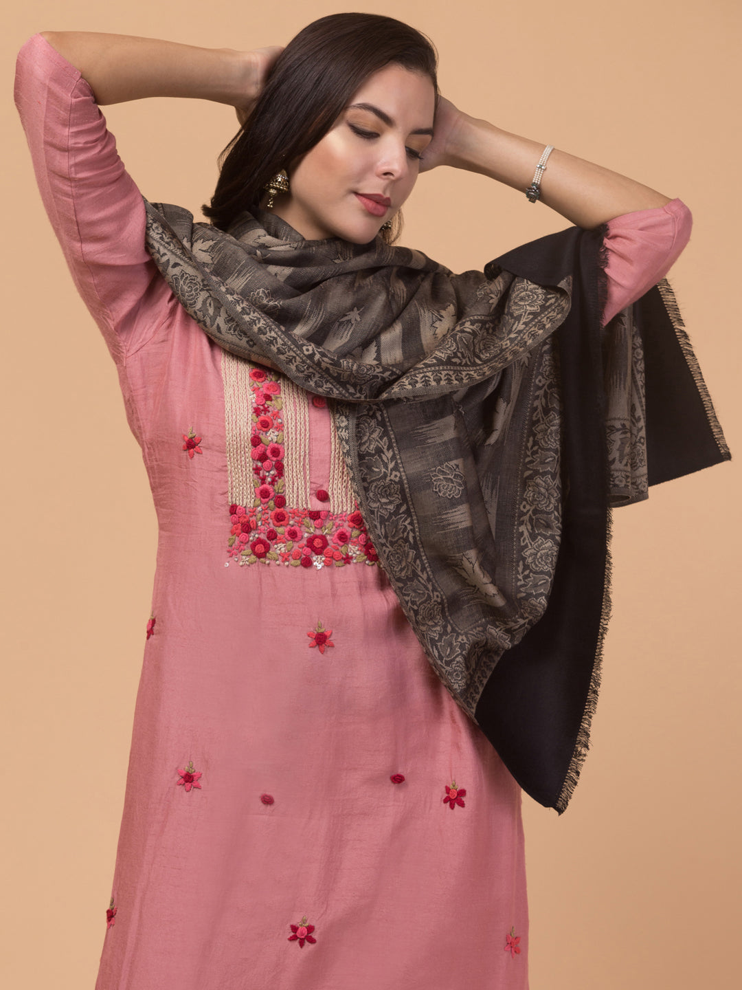 Ethnic Reversible Acrylic Shawl in Kashmiri Chinar Patta Pattern - Black