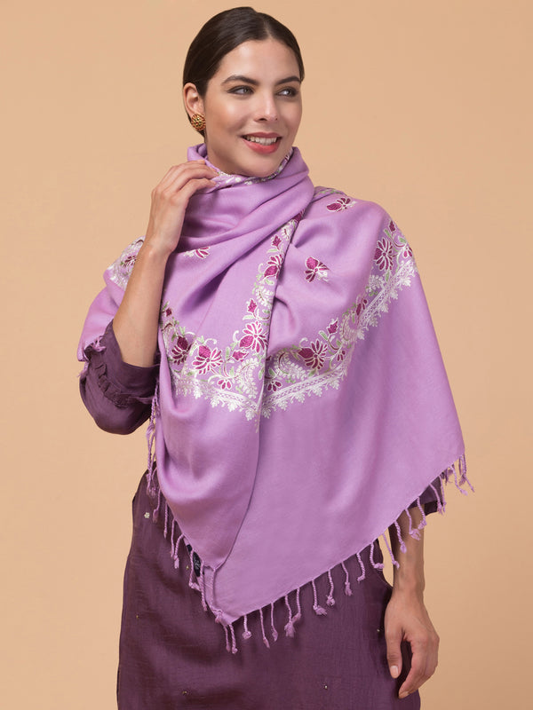 Acro Wool Stole / Wrap with Aari Embroidery Border - Purple