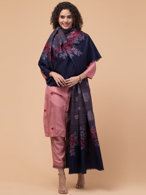 Fine Wool Ethnic Shawl with Rose & Stripes Fusion Design - Navy Blue