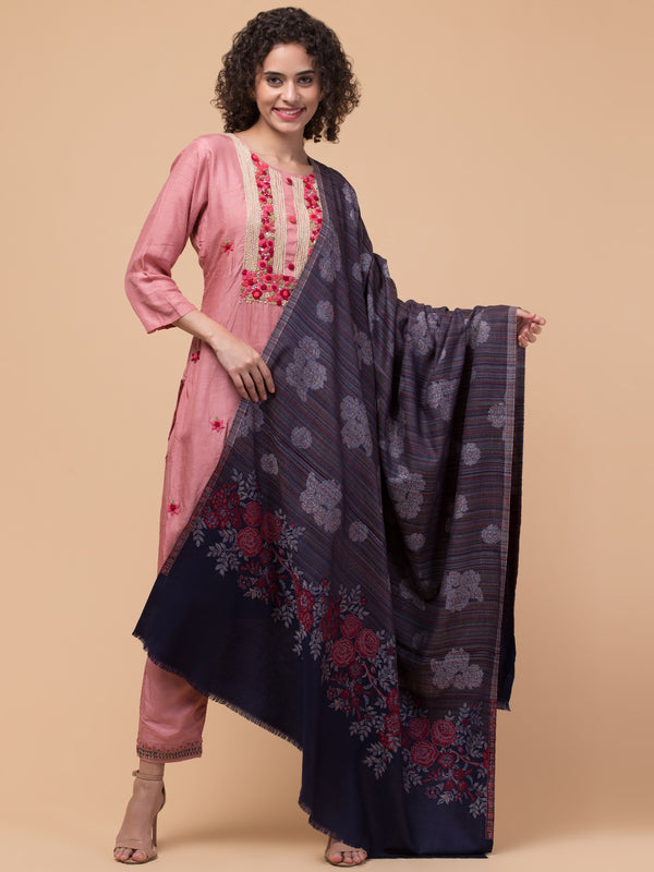 Fine Wool Ethnic Shawl with Rose & Stripes Fusion Design - Navy Blue