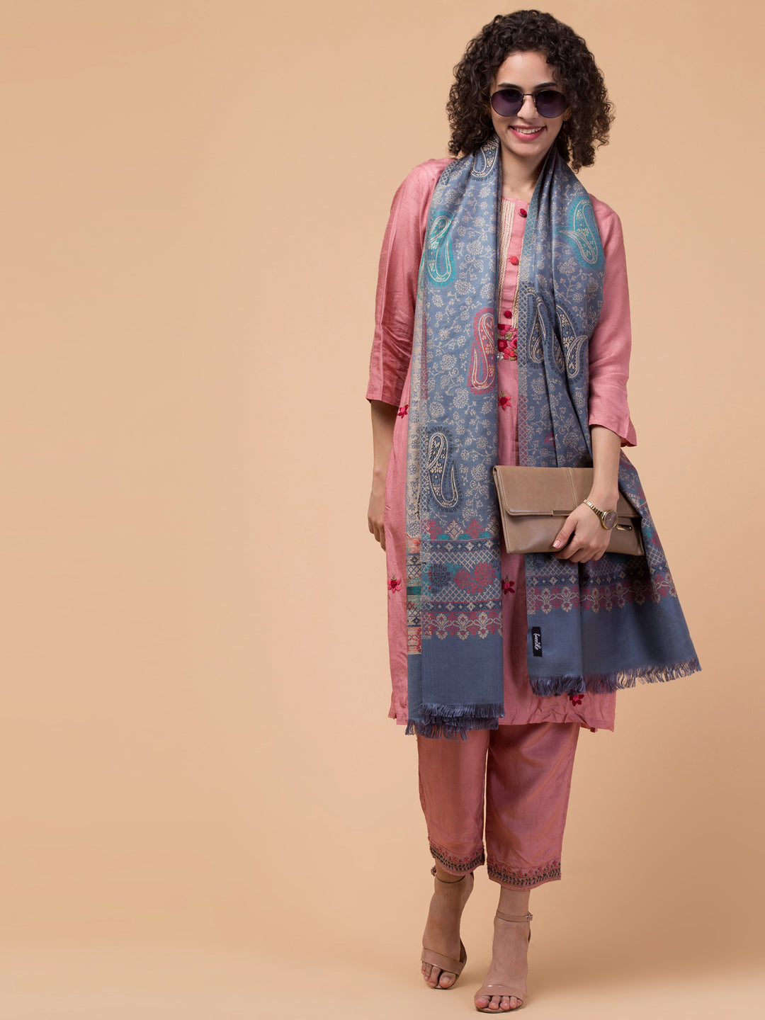 Ethnic Paisley Design Stole with Fringed Edges  - Grey