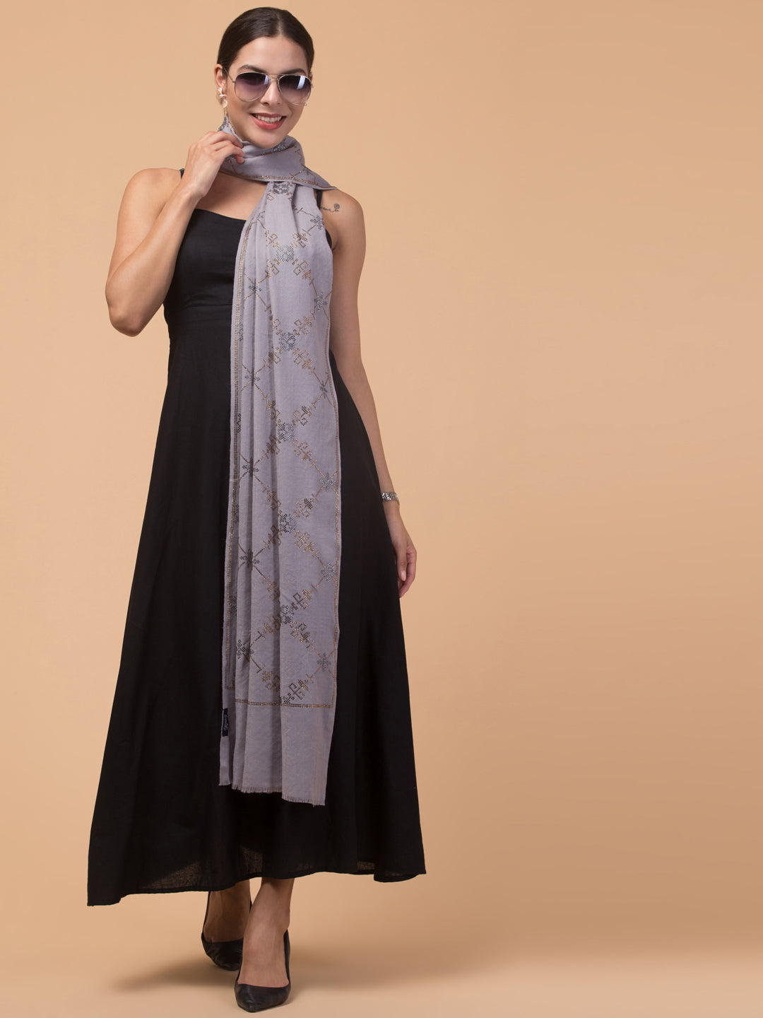 Fine Wool Crystal / Stone Work Stole - Grey