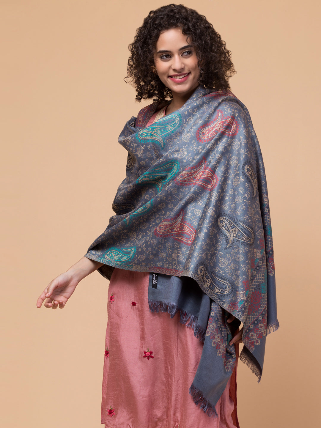 Ethnic Paisley Design Stole with Fringed Edges  - Grey