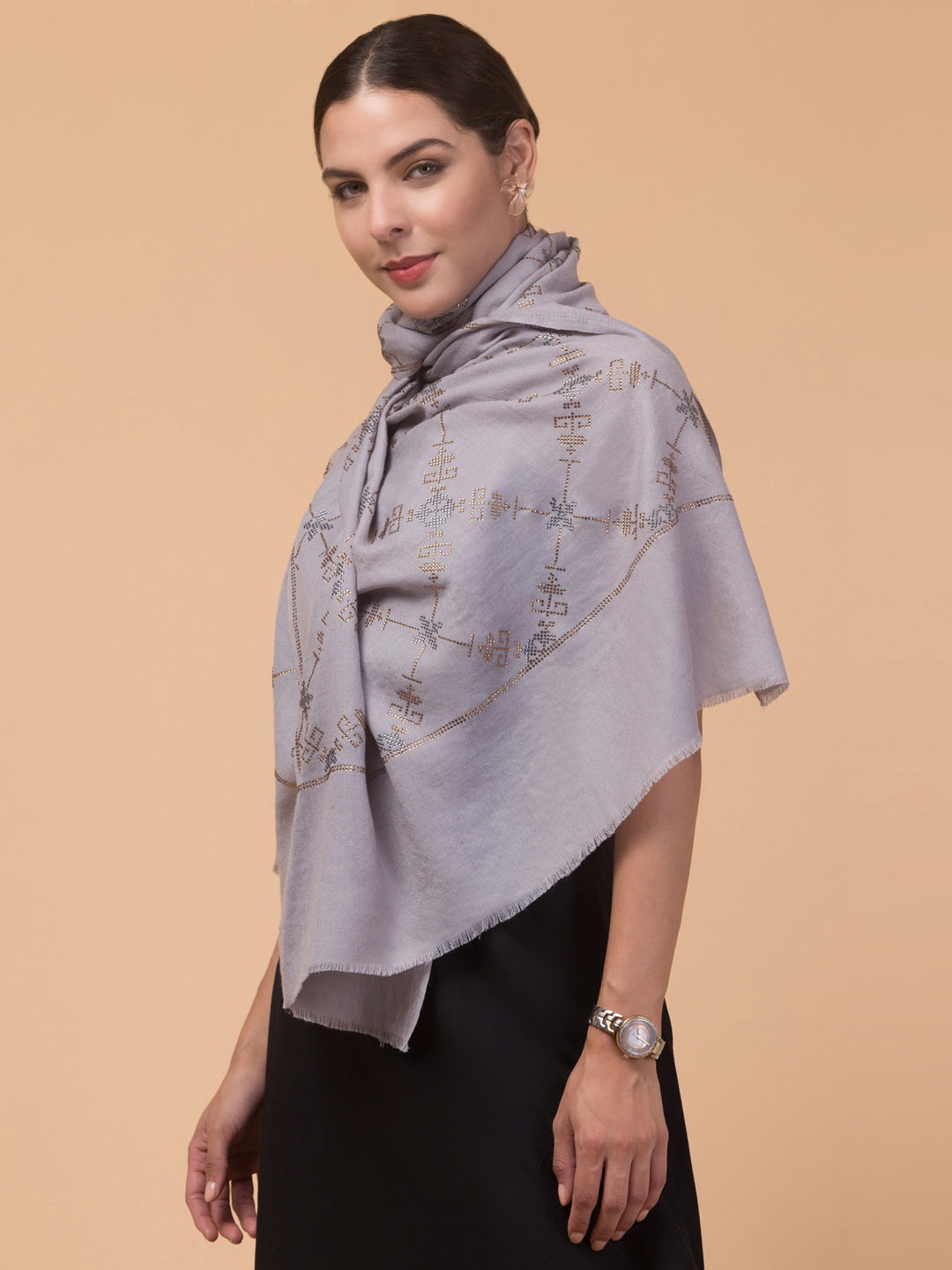 Fine Wool Crystal / Stone Work Stole - Grey