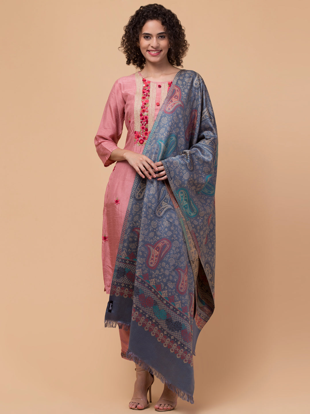 Ethnic Paisley Design Stole with Fringed Edges  - Grey