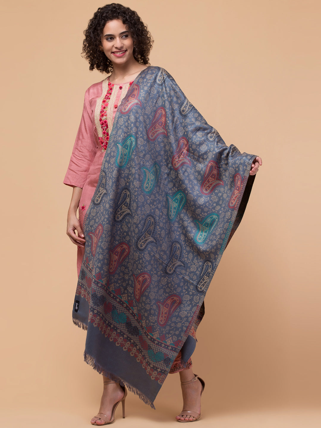 Ethnic Paisley Design Stole with Fringed Edges  - Grey