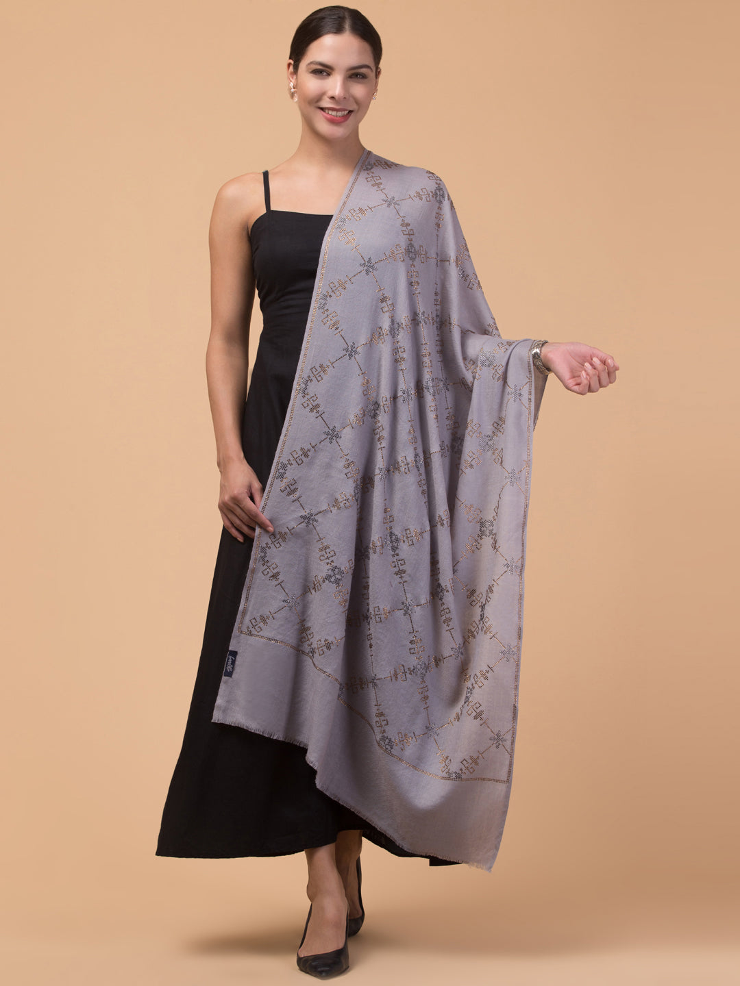 Fine Wool Crystal / Stone Work Stole - Grey