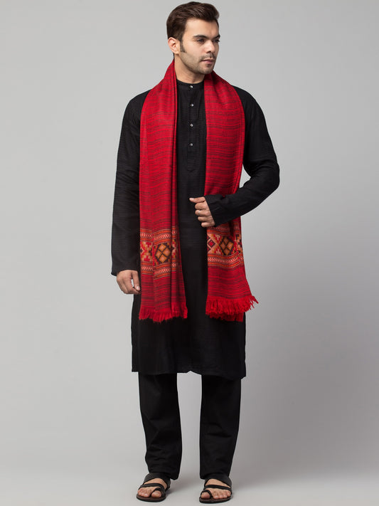 Ethnic Kullu Shawl for Men, Traditional Himachali Design with Tribal Motifs - Red (40x80)