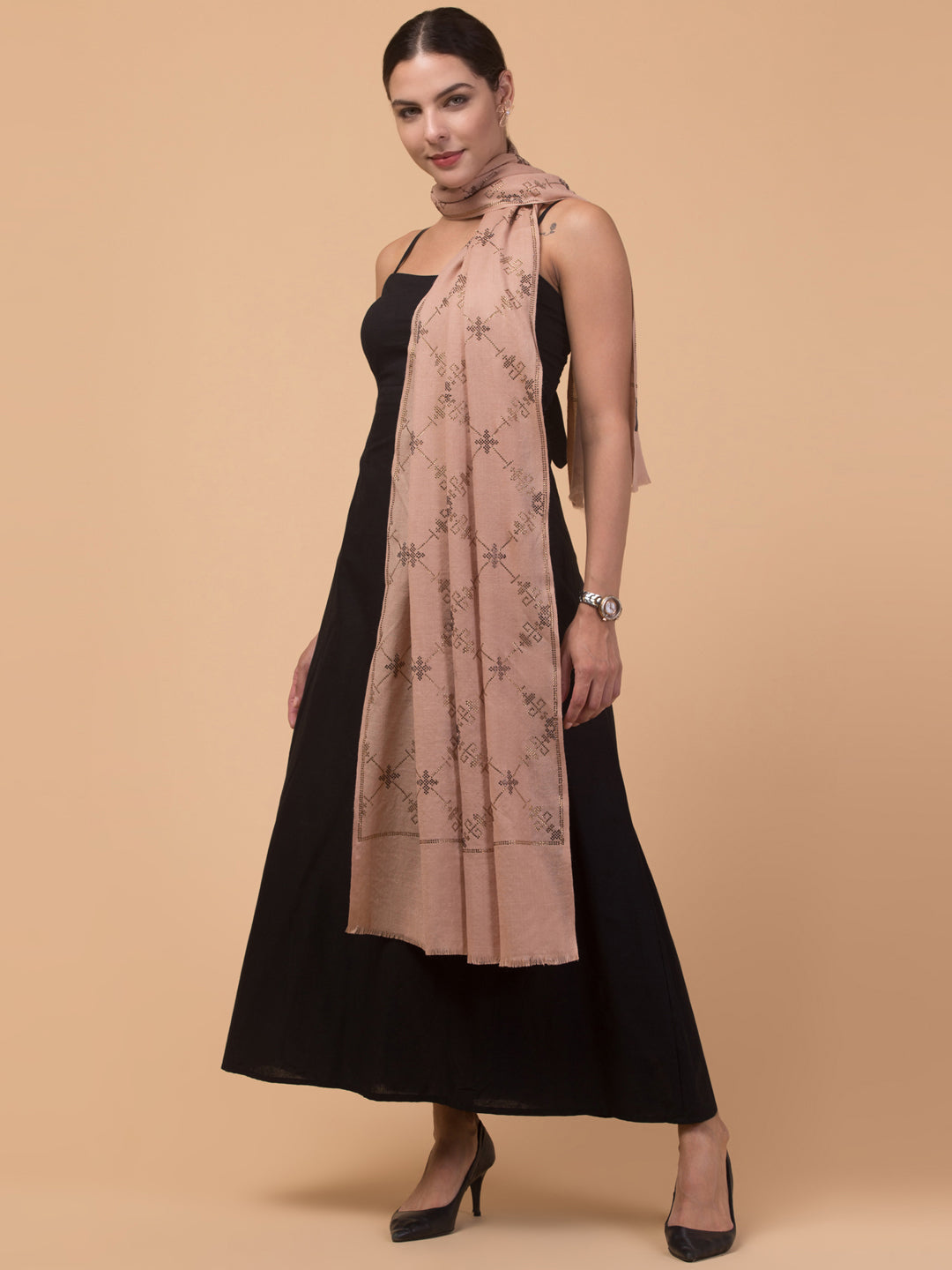 Fine Wool Crystal / Stone Work Stole - Beige