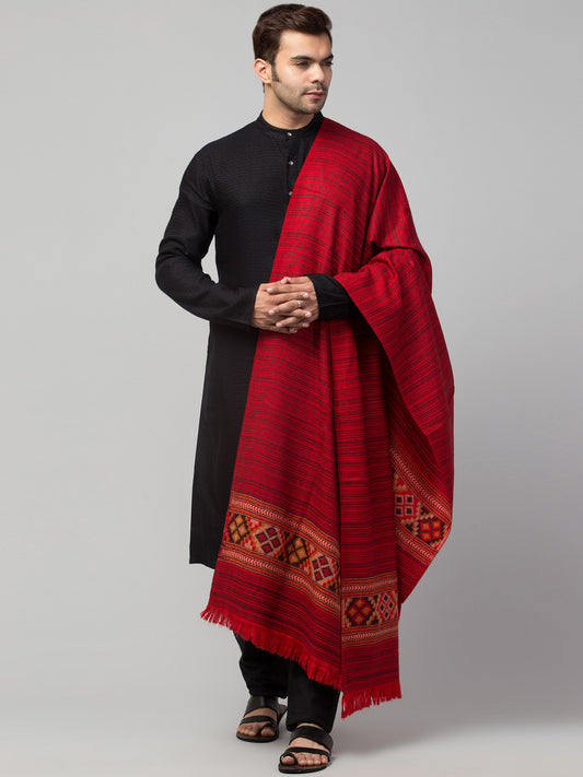 Ethnic Kullu Shawl for Men, Traditional Himachali Design with Tribal Motifs - Red (40x80)
